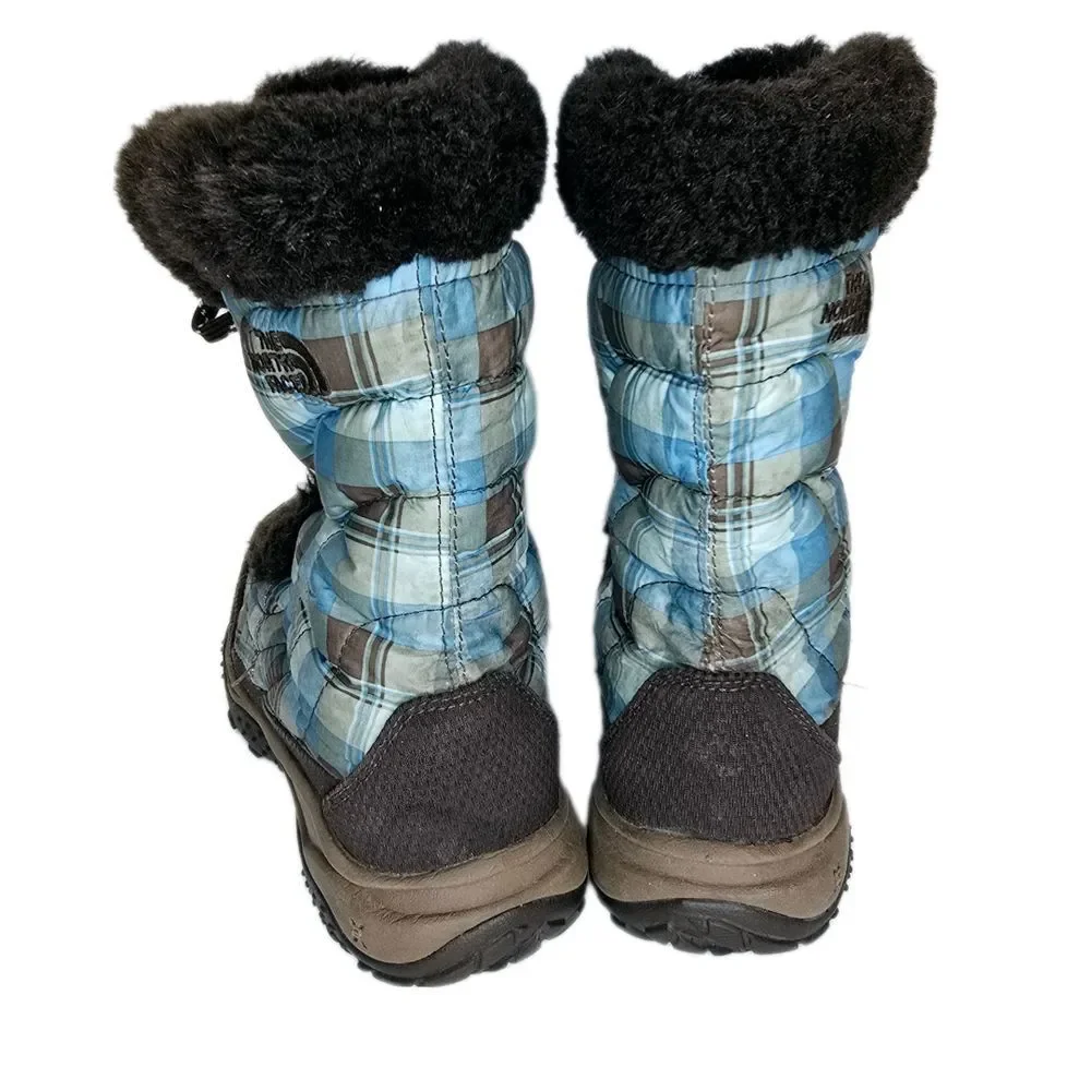 The North Face Winter Snow Boots Plaid Faux Fur Lined Waterproof Blue Brown Sz 4